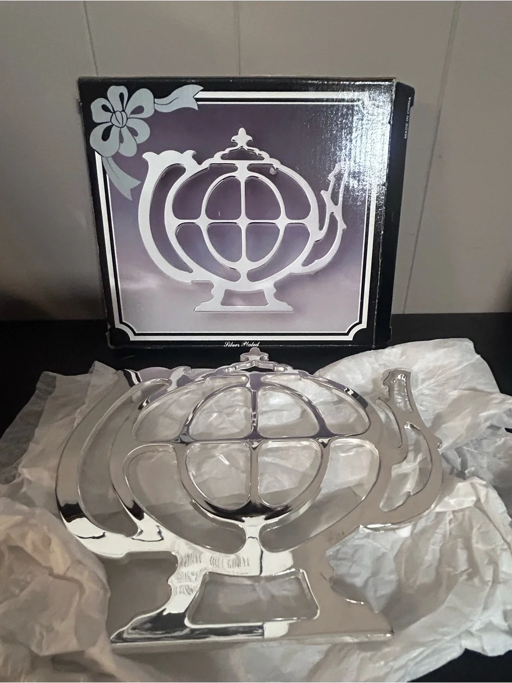 Silver Plated Teapot Shaped Trivet Hot Plate with Original Box Tea Decor